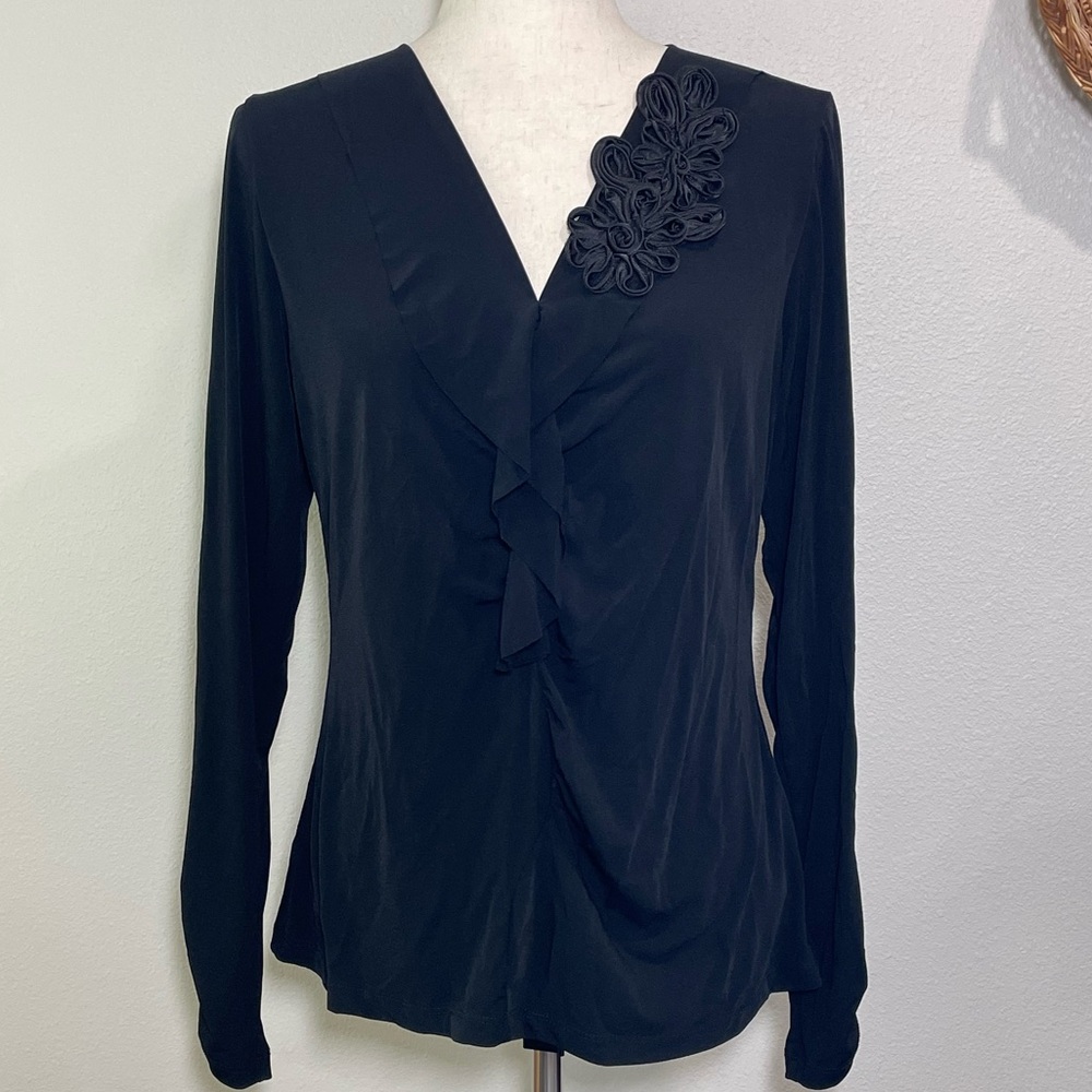 Y2K Black Ruffle Top Blouse Vintage Simonton Says USA Made Size Medium